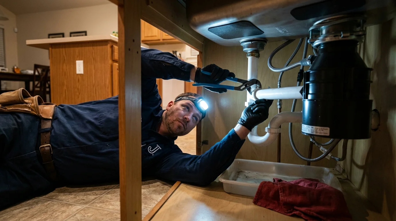 P-trap and supply line connections under a kitchen sink showing a common leak point in Elizabeth, WV